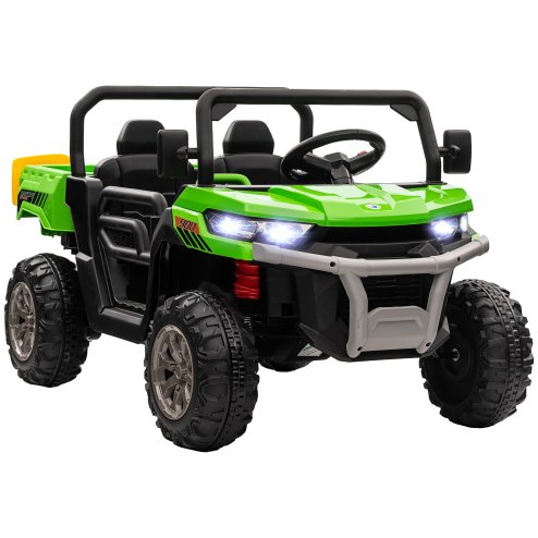HOMCOM 2 Seater Kids Ride On Car with Electric Bucket, 12V Battery Powered Electric UTV with Shovel, Parental Remote, 4 Spring Suspension Wheels, Working Horn, Music - Green