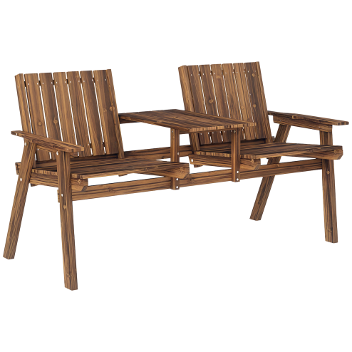 Outsunny 2-Seater Wooden Garden Bench, Antique Loveseat Chair with Table & Parasol Hole, Outdoor Bench for Porch, Patio, Carbonised Finish