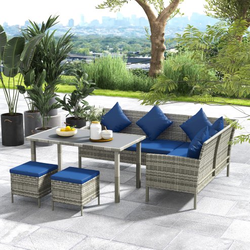 Outsunny 5 Pieces Rattan Garden Furniture Set, 6 Seater Wicker Dining Set, Corner Garden Sofa Outdoor Furniture Set with Glass Top Table, Footstool and Cushions for Patio, Dark Blue