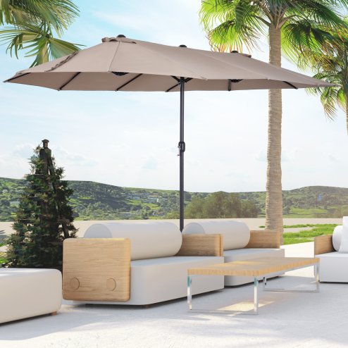 Outsunny 4.6m Large Garden Parasol Double-Sided Sun Umbrella Patio Market Canopy Shade Outdoor Tan - NO BASE