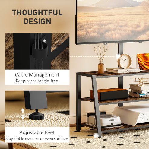 HOMCOM TV Stand Cabinet with Swivel Bracket for 32 - 65 Inch TVs, Industrial TV Cabinet with Open Shelves, Cable Management, Trapezoid-Shaped Steel Frame for Living Room, Bedroom, Rustic Brown
