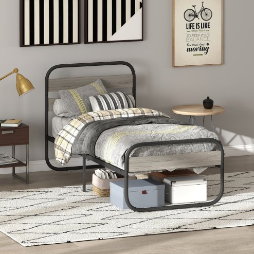HOMCOM 3ft Single Bed Frame, Industrial Style Metal Platform Bed Frame with Under Bed Storage, No Box Spring Needed, Easy Assembly, Grey