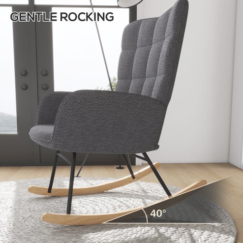 HOMCOM Wingback Rocking Chair with Wooden Base, Fleece Glider Rocker for Nursing, Modern Armchair - Dark Grey