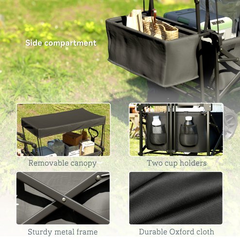 Outsunny 120L Festival Trolley on Wheels, Folding Camping Trolley Cart with Removable Canopy, All-Terrain Wheels, Adjustable Handle and Side Pockets for Garden Beach Fishing Shopping, Black