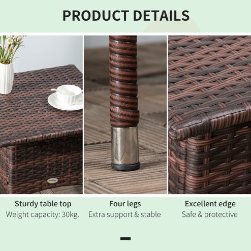 Outsunny Rattan Side Table, Outdoor Coffee Table with Plastic Board Under the Full Woven Table Top for Patio, Garden, Balcony, Mixed Brown