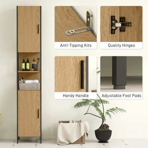 HOMCOM Tall Bathroom Cabinet, Slim Bathroom Storage Cabinet with 2 Doors, Open Compartments and Adjustable Shelves, Freestanding Storage Cupboard, 33 x 33 x 185 cm, Natural Wood Finish