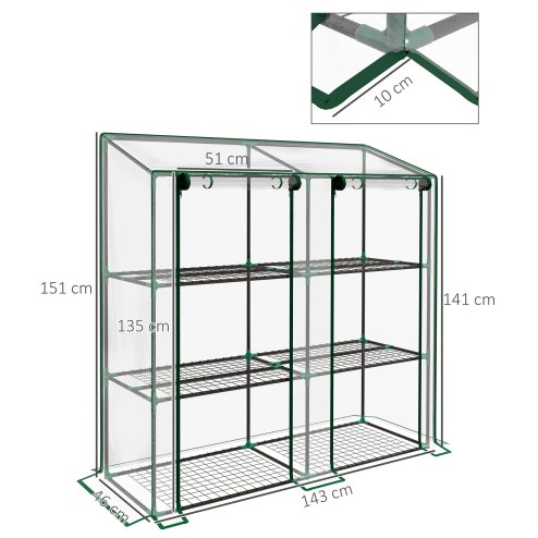 Outsunny 3 Tier Lean-to Mini Greenhouse with Reinforced Plastic Cover, Portable Indoor Outdoor Green House with 2 Roll-up Doors and 6 Wire Shelves, 151H x 143W x 46Dcm, Clear