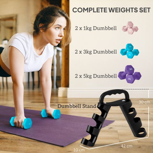 SPORTNOW Dumbbells Set with Carry Storage Rack, Set of 6 Weights for Home Gym, Kettlebell Training Weight Lifting Exercise, 2 x 1kg, 2 x 3kg, 2 x 5kg