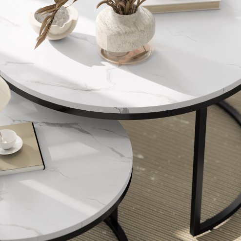 HOMCOM Round Nesting Coffee Table Set of 2, Large Stacking End Side Table with Steel Frame for Living Room, Bedroom, Home Office, 78.5 x 78.5 x 46.5 cm, Marble White