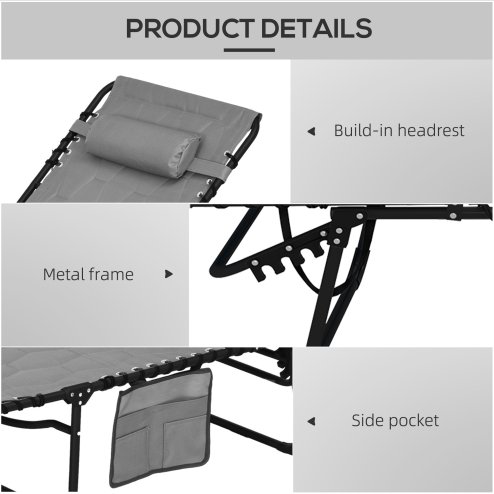 Outsunny 2 Piece Foldable Sun Lounger Set with 5-level Reclining Back, Outdoor Tanning Chairs Sun Loungers with Build-in Padded Seat, Side Pocket, Headrest for Beach, Patio, Grey
