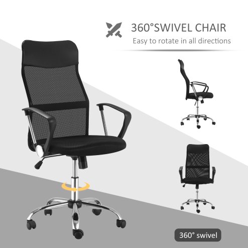HOMCOM Mesh Office Chair, High Back Computer Desk Chair, Swivel Chair with Height Adjustable, Study Chair for Home Office, Black