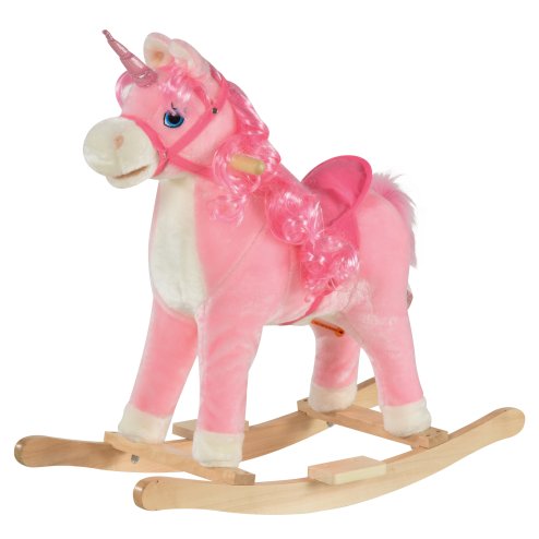 HOMCOM Kids Plush Rocking Horse Ride On Unicorn w/ Sound Moving Mouth Wagging Tail Children Rocker Toy Gift 3-6 Years Pink Image