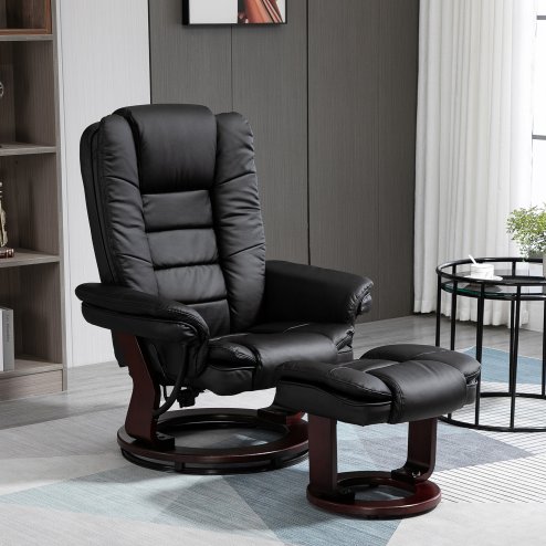 HOMCOM Recliner Chair With footstool, Recliner Armchair up to 130kg Weight Capacity, 135 Reclining Swivel Sofa Chair, PU Leather Ergonomic Couch Bed with Swivel Wood Base for Living Room, Black Image