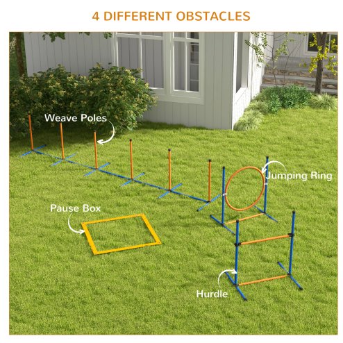 PawHut Dog Agility Training Equipment, Dog Outdoor Games with Weave Poles, Jump Ring, Pause Box, Adjustable Hurdle, Pet Obstacle Course Training Set with Carry Bag, Orange