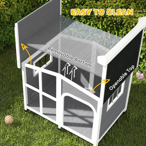 PawHut Wooden Dog Kennel, Elevated Dog House with Removable Floor, Asphalt and Openable Roof, Giant Window, Outdoor Pet House Shelter for Large Dogs, Charcoal Grey