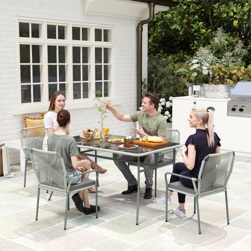 Outsunny 5 Piece Wicker Garden Dining Set, PE Rattan Garden Furniture Set with 4 Stackable Chairs, Tempered Glass Top Table and Cushions, Outdoor Table and Chairs for Patio, Conservatory, Light Grey
