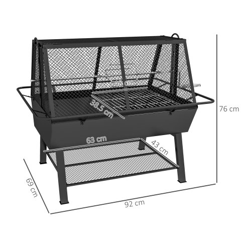 Outsunny 3-in-1 BBQ Rotisserie Grill Roaster Fire Pit with Storage Shelf, Mesh Lid and Poker, Charcoal Chicken Spit Roast Machine with Waterproof Cover for Outdoor Picnic Camping, Black