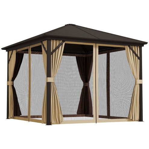 Outsunny 3 x 3 m Hardtop Gazebo with Netting and Curtains, Garden Gazebo Canopy Shelter with Metal Roof, Aluminium Frame, for Garden, Deck, Bronze Tone