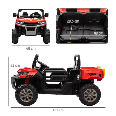 HOMCOM 2 Seater Kids Ride On Car with Electric Bucket, 12V Battery Powered Electric UTV with Shovel, Parental Remote, 4 Spring Suspension Wheels, Working Horn, Music - Red