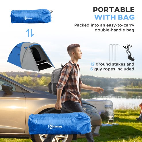 Outsunny 2 Man Camping Tent, Dome Tent with Bedroom and Living Room, 2000mm Waterproof, Portable with Bag, for Fishing Hiking Festival, Blue