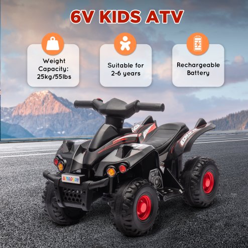 AIYAPLAY 6V Electric Quad Bike for Kids, Kids Electric Car Ride on ATV with Music, Forward Function, for Ages 2-6 Years, Black