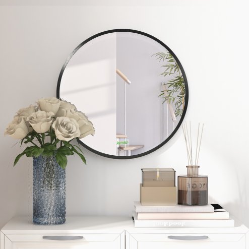 kleankin Large Modern Round Mirror, Wall-mounted Bathroom Mirror, Vintage Art Makeup Mirror for Entryways, Black, 40x40 cm