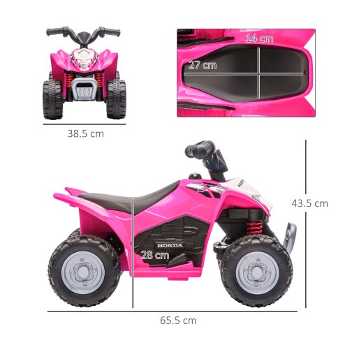AIYAPLAY Honda Licensed Kids Electric Quad Bike, 6V Ride On Car ATV Toy, with LED Light, Horn, for 1.5-3 Years, Pink