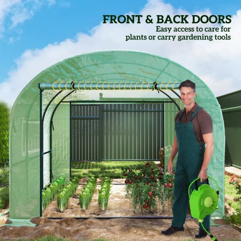 Outsunny 3 x 3 x 2m Polytunnel Greenhouse with Doors and Mesh Windows, Walk-in Grow House Tent with UV-resistant PE Cover and Steel Frame, Green