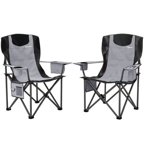 Outsunny Set of 2 Folding Camping Chairs, Padded Camping Chairs with Adjustable Armrests, Portable & Lightweight Folding Camp Chair with Cooler Bag, Cup Holder and Side Pockets, Grey