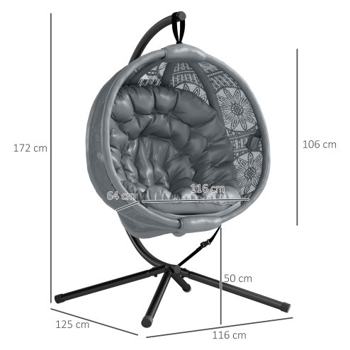 Outsunny Outdoor Hanging Chair, Swing Chair with Metal Stand, Thick Padded Cushion, Foldable Basket and Side Pocket, for Indoor and Outdoor, Charcoal Grey