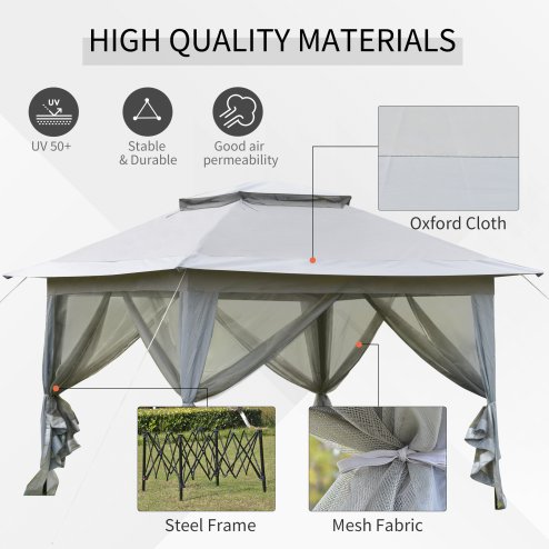 Outsunny 3.6 x 3.6 m Pop up Gazebo with Netting and Wheeled Carry Bag, UPF50+ Height Adjustable Party Tent Instant Canopy Sun Shade Shelter, Light Grey