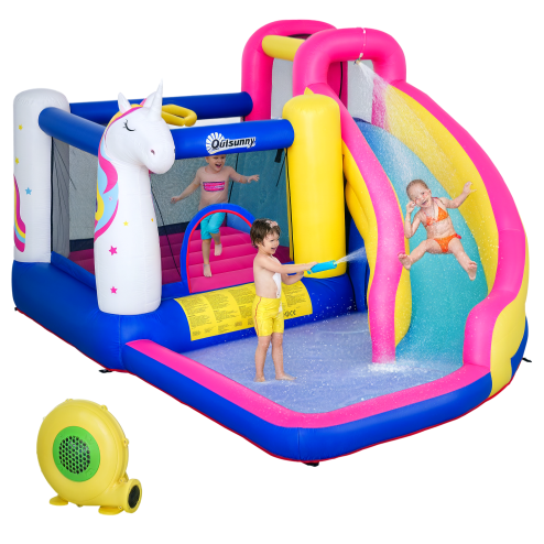 Outsunny Bouncy Castle for Children, 5 in 1 Inflatable Bounce House Unicorn Design with Blower, Slide, Climbing Wall, Basketball Hoop, for Ages 3-8 Years