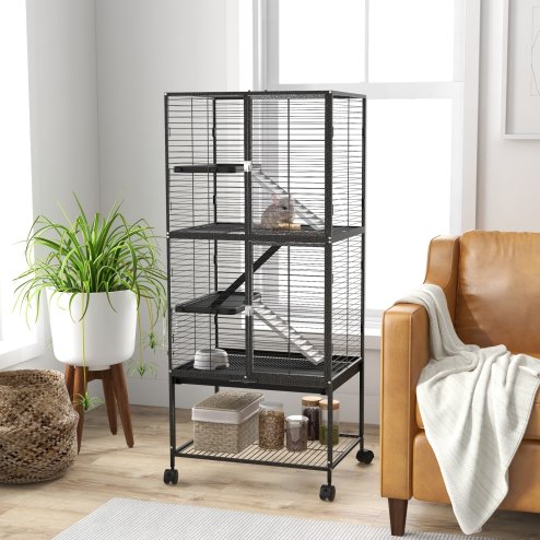 PawHut Ferret Cage Rolling Small Animal Cage 4 Levels Pet Cage 136cm Height for Chinchillas, Squirrels with 3 Doors, Storage Shelf, Tray, Bowl, Water Bottle, Ramps - Charcoal Grey Image