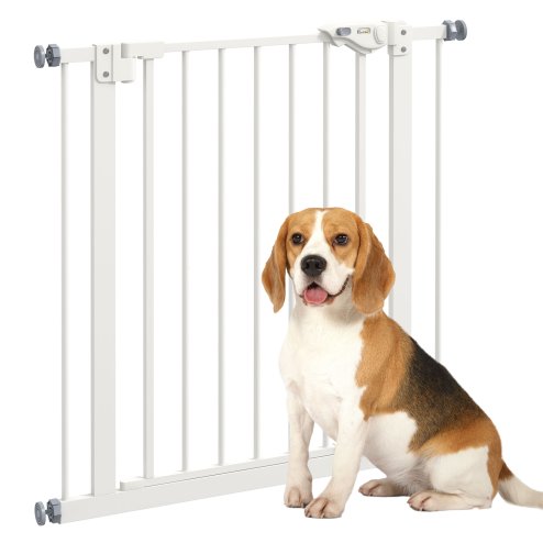 PawHut Dog Gate Stair Gate Pressure Fit Pets Barrier Auto Close for Doorway Hallway, 74-80cm Wide Adjustable, White