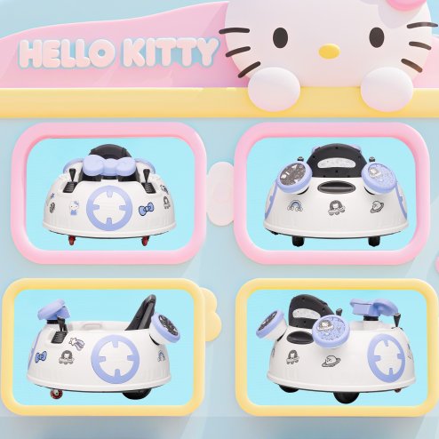 AIYAPLAY Hello Kitty Licensed Kids Bumper Car with Remote Control, 360° Rotation Spin Electric Ride On Waltzer Car with Dual Joysticks, Music, Lights, Safety Belt, for 1.5-5 Years Old, White