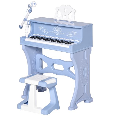 HOMCOM 37 Keys Kids Piano Mini Electronic Keyboard Light Kids Musical Instrument Educational Game Children Grand Piano Toy Set w/Stool & Microphone & Music Stand (Blue) Image