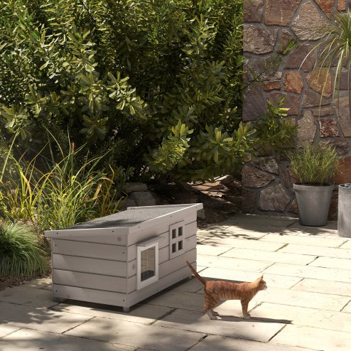 PawHut Outdoor Wooden Cat House, Elevated Cat Shelter Kennel, Pet Play House with Openable Top, Asphalt Roof, Window, 87 x 52 x 44 cm, Grey