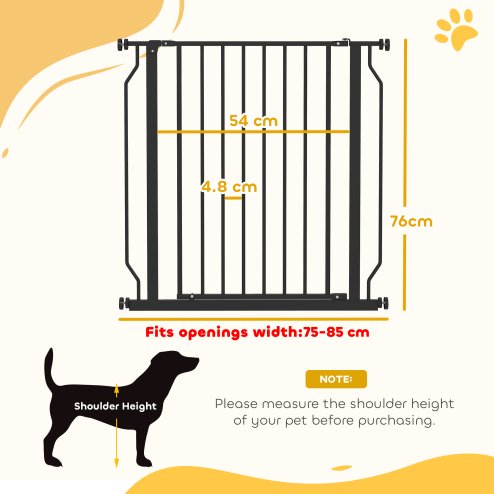 PawHut Dog Gate Wide Stair Gate w/ Door Pressure Fit Pets Barrier for Doorway, Hallway, 76H x 75-85W cm - Black