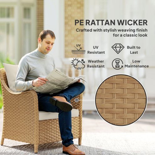 Outsunny Rattan Garden Chairs Set of 2, Outdoor Rattan Chairs with Cushions, Armrests and High Back, PE Wicker Garden Armchair with Steel Frame for Balcony, Porch, Beige
