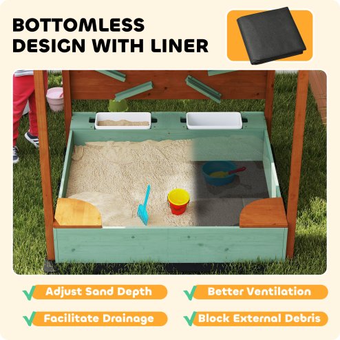 AIYAPLAY Wooden Kids Sandpit Outdoor Sandbox with Canopy with 2 Storage Bins, Funnel, Liner, Chutes, Bucket with Tap for 3-6 Years, 116 x 112.5 x 128 cm, Green