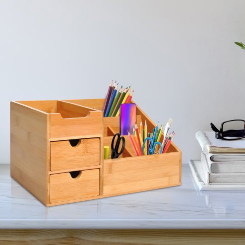 HOMCOM Desk Organiser Holder, Bamboo Multi-Function Storage Caddy with 7 Storage Compartments and 2 Drawers for Home Office Stationary Supplies
