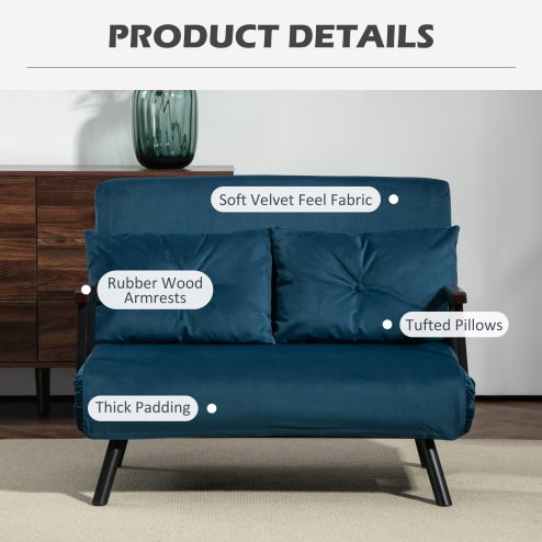 HOMCOM 2 Seater Sofa Bed, Click Clack Convertible Bed Settee, Modern Velvet Feel Fabric Sofa Couch with 2 Tufted Cushions, Wood Armrests for Living Room, Bedroom, Guest Room, Navy Blue