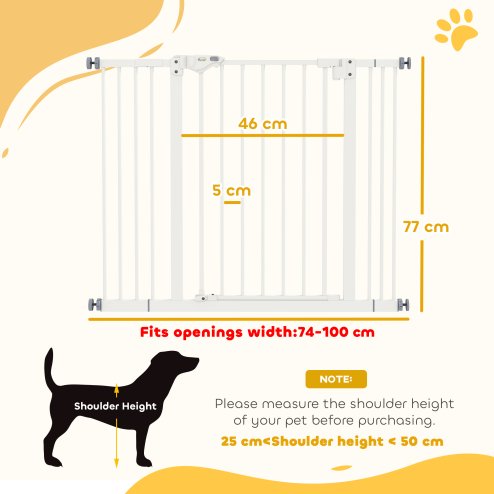 PawHut Dog Gate Stair Gate Pressure Fit Pets Barrier Auto Close for Doorway Hallway, 74-100cm Wide Adjustable, White