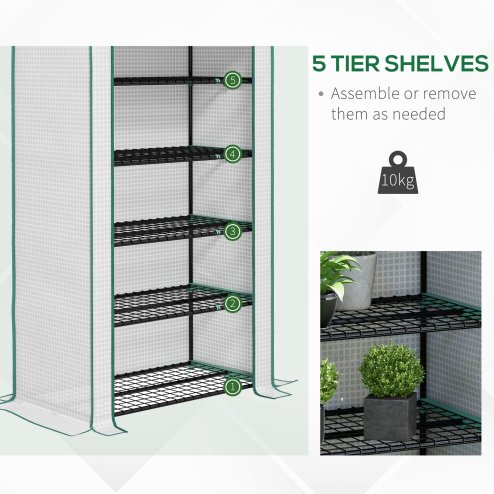 Outsunny 5 Tier Widened Mini Greenhouse with Reinforced PE Cover, Portable Indoor Outdoor Green House with Roll-up Door and Wire Shelves, 193H x 90W x 49Dcm, White