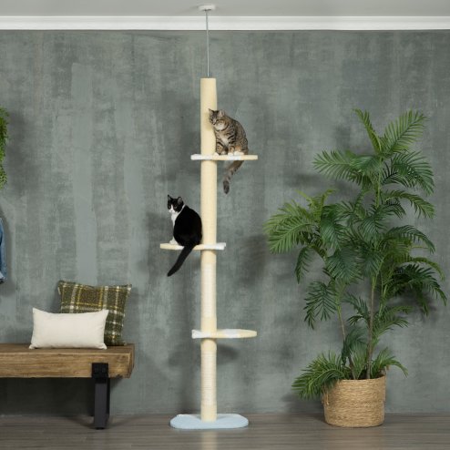 PawHut 260cm Floor to Ceiling Cat Tree, Height Adjustable Kitten Tower with Anti-slip Kit, Multi-Layer Activity Centre w/ Fish-shaped Perches Scratching Post Ball Toy - Yellow Image