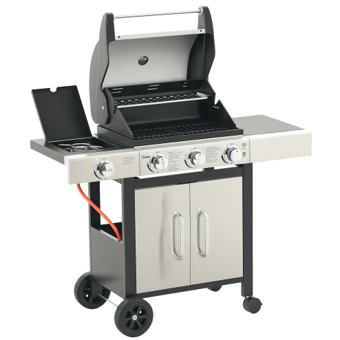 Outsunny Gas Barbecue Grill 3+1 Burner Garden Smoker BBQ Trolley w/ Side Burner Warming Rack Side Shelves Storage Cabinet Piezo Ignition Thermometer Stainless Steel + Metal
