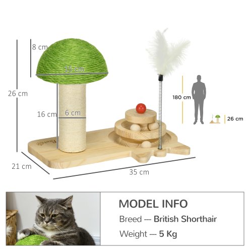 PawHut 26cm Cat Scratching Post, Mushroom-Shaped Cat Post with Toy Balls, Feather, Sisal Scratch Post for Indoor Cats - Natural tone and green