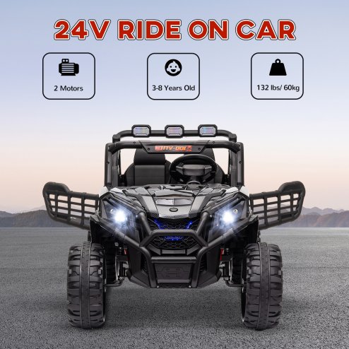 AIYAPLAY Kids Electric Ride on Car 2-Seater, 24V Truck UTV with Remote Control, Suspension System, LED Lights, Horn, Music, for 3-8 Years, Black
