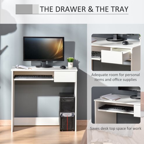 HOMCOM 80cm Compact Computer Desk with Keyboard Tray, Home Office Desk with Drawer for Bedroom Study, White