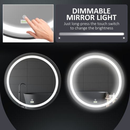 kleankin Round LED Bathroom Mirror, Dimmable Lighted Wall-Mounted Mirror with 3 Temperature Colours, Memory Function, Hardwired, Black